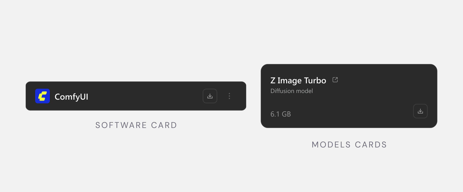 A compact software card beside a larger model card