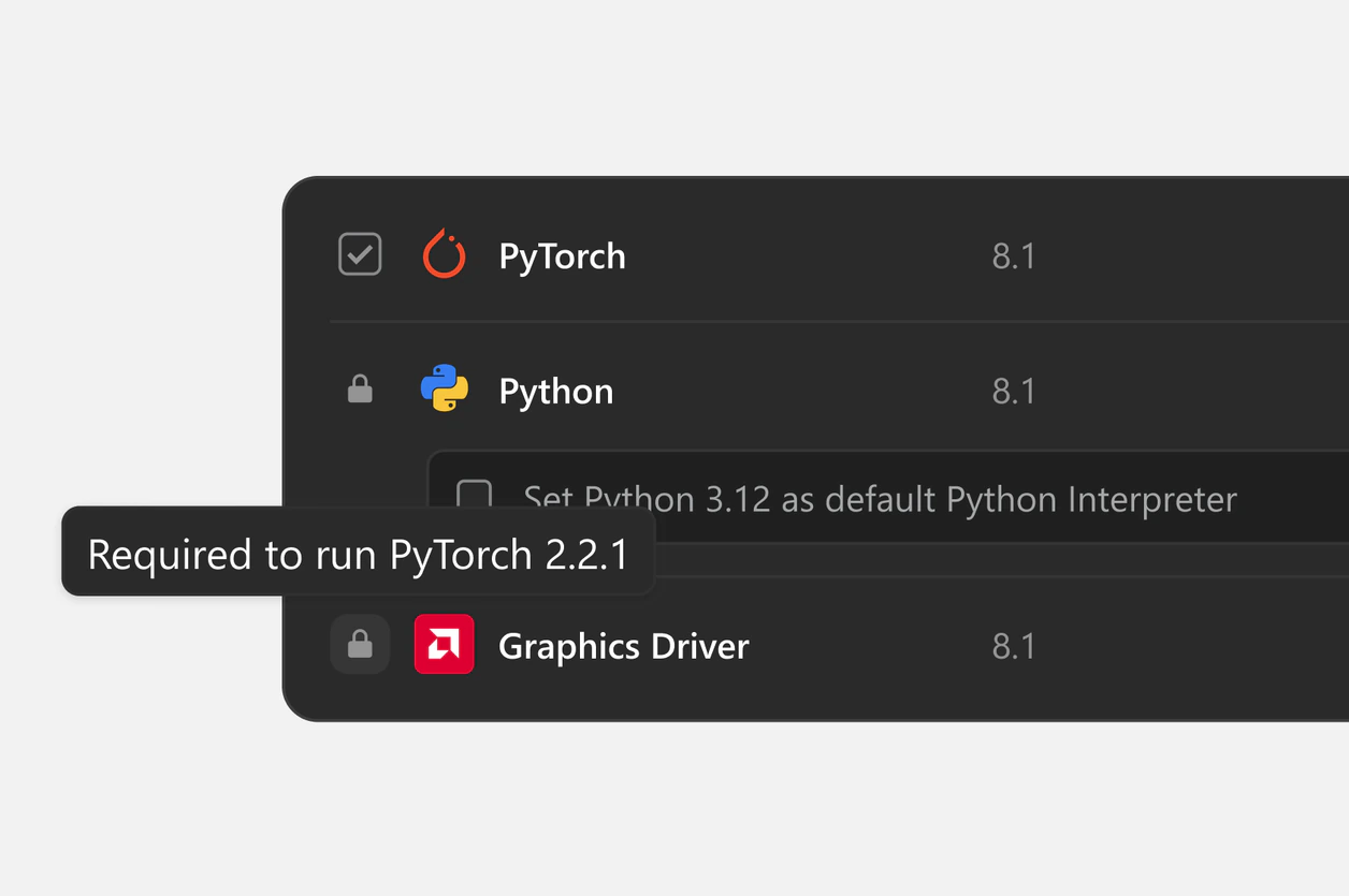 A locked dependency with a hover explanation