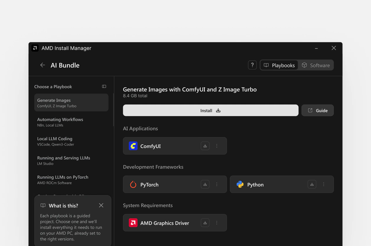The Playbooks view: choose a task and install the software it needs