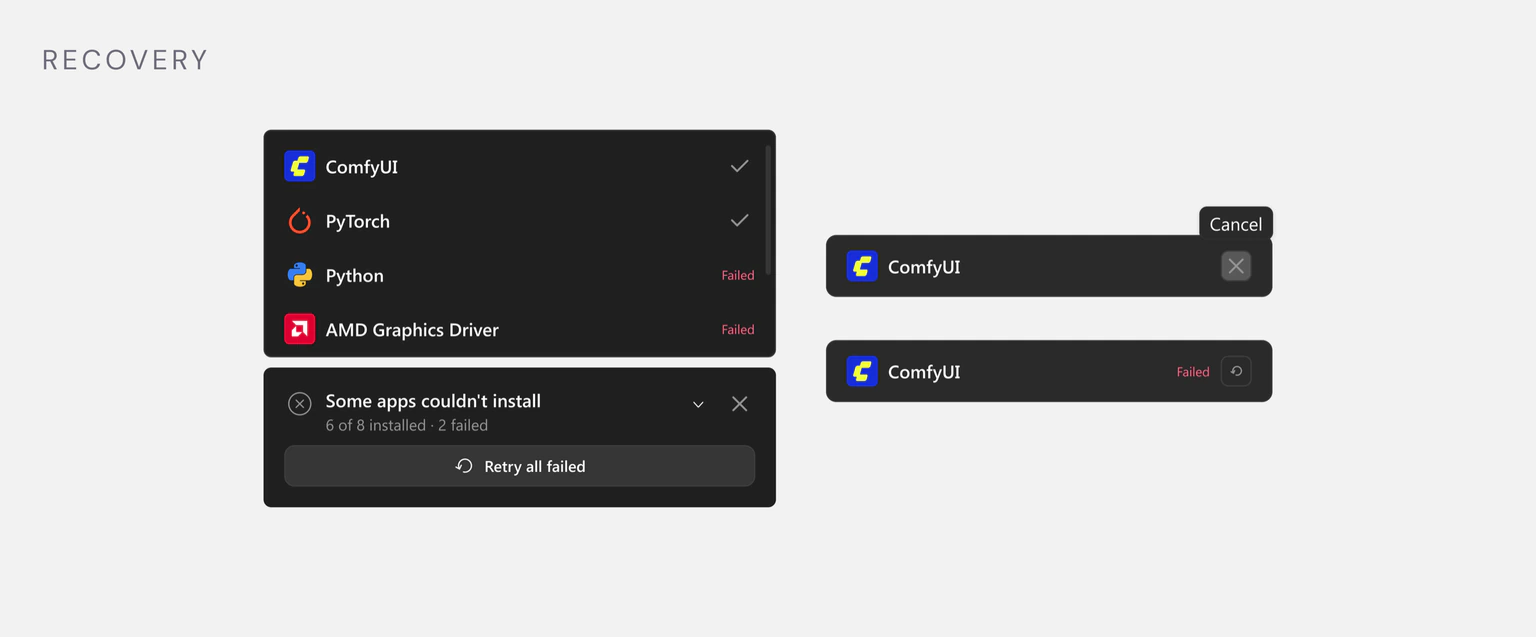 Mixed result states: failed items to retry and a cancelled install