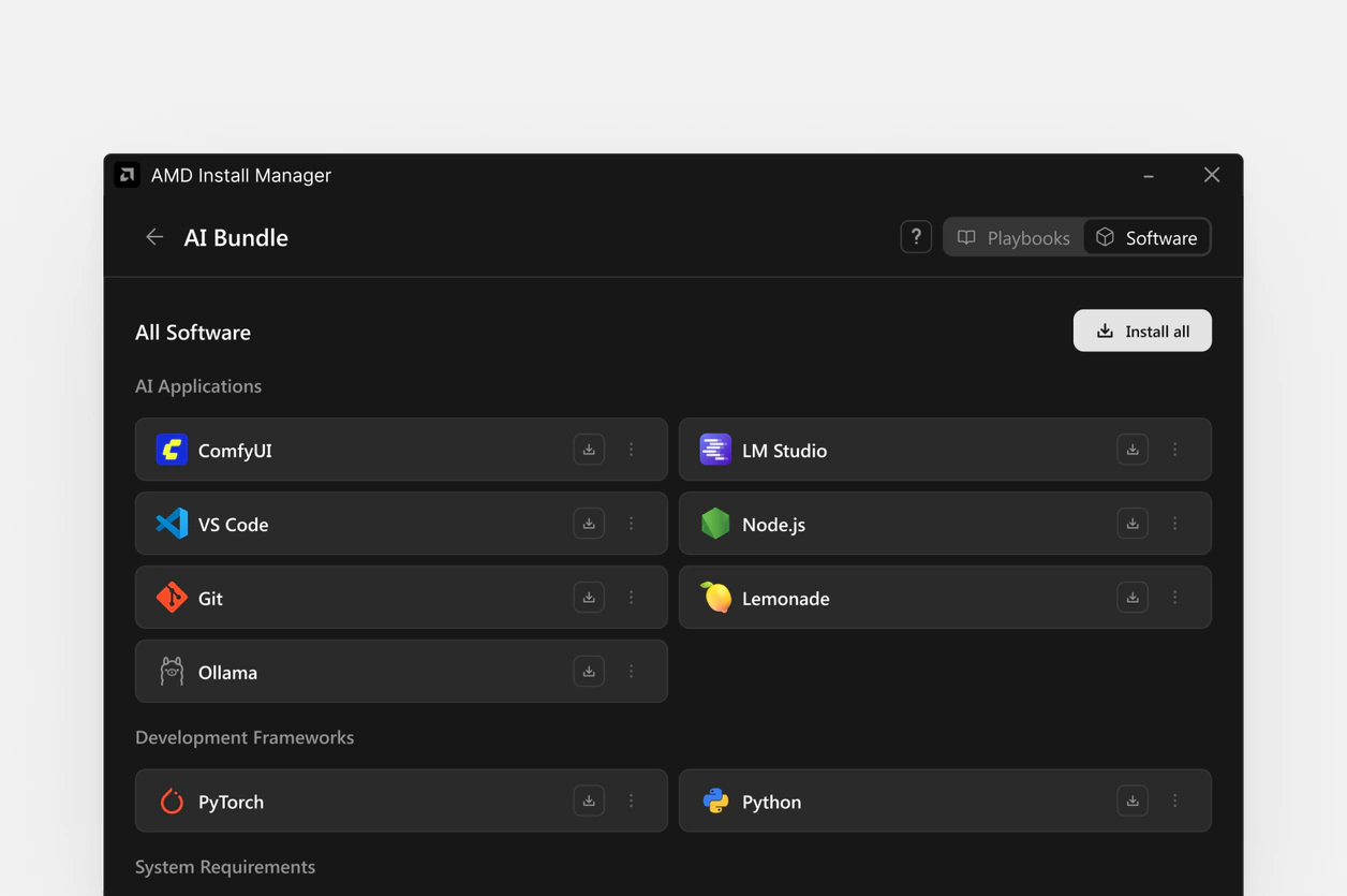 The Software view listing every application