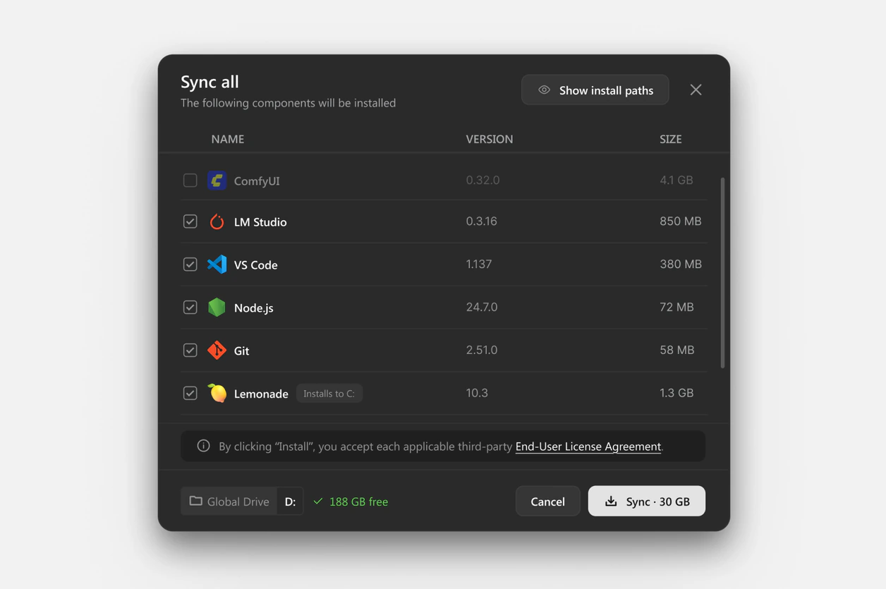 The Sync all overlay bringing installed versions in line