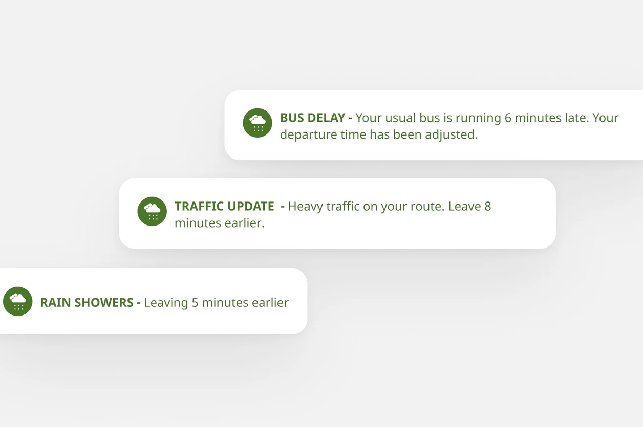 A departure time updating as live traffic and weather change