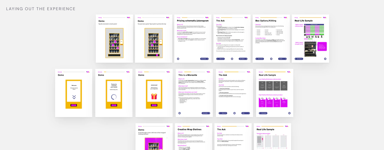 Mid-fi wireframes and concepts — onboarding structure, the interactive microsite demo, and component information and deliverables